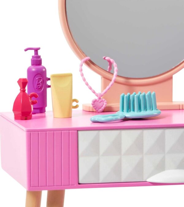 Barbie Furniture & Accessories Set, Doll House D?cor, 10+ Pieces For Vanity Including Stand with Mirror - Image 3