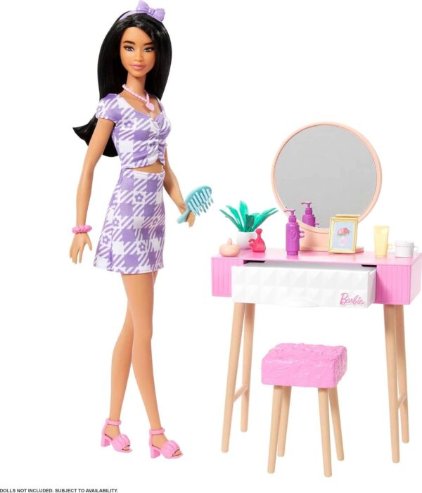Barbie Furniture & Accessories Set, Doll House D?cor, 10+ Pieces For Vanity Including Stand with Mirror - Image 4