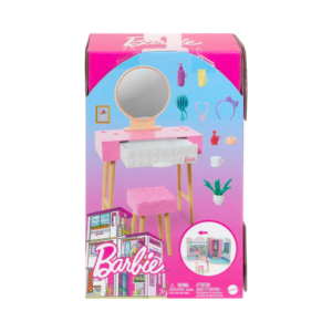 Barbie Furniture & Accessories Set, Doll House D?cor, 10+ Pieces For Vanity Including Stand with Mirror