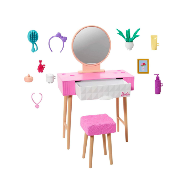 Barbie Furniture & Accessories Set, Doll House D?cor, 10+ Pieces For Vanity Including Stand with Mirror - Image 2