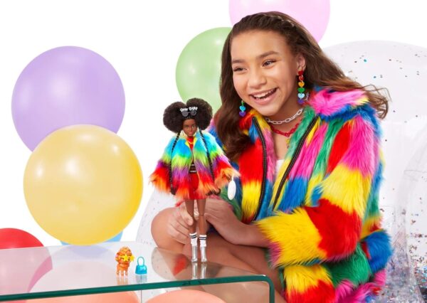 Barbie Extra Doll And Accessories with Afro-Puffs In Shaggy Rainbow Coat - Image 3