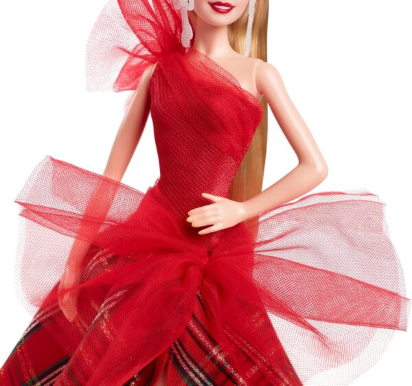 Barbie Signature Doll, 2024 Holiday Barbie Blonde Fashion Doll Wearing Gown with Plaid Skirt - Image 4